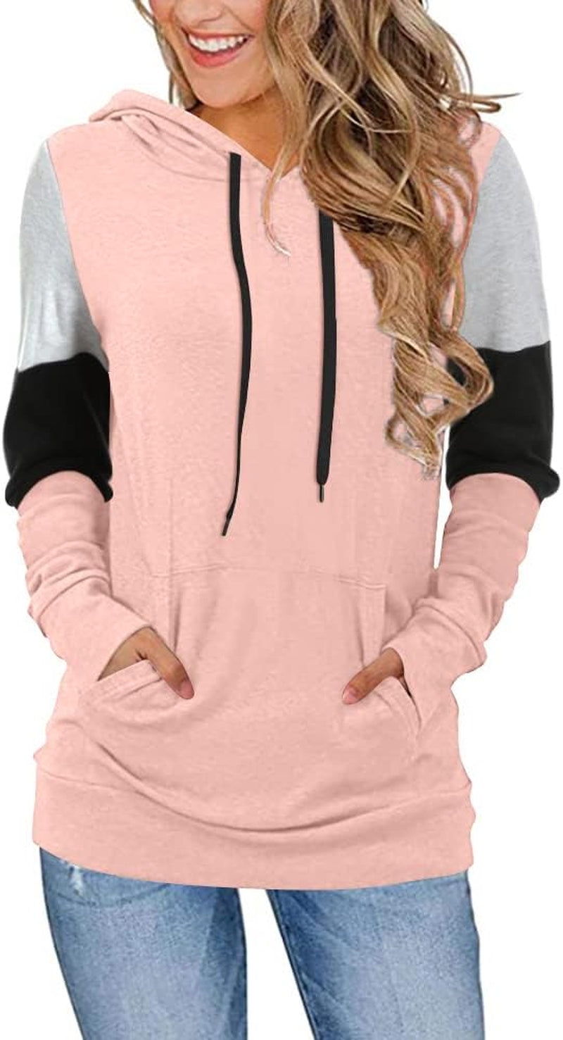 Women'S Casual Drawstring Pullover Tunic Top Long Sleeve Color Block Hoodie Sweatshirts with Pocket, XXL, Pink