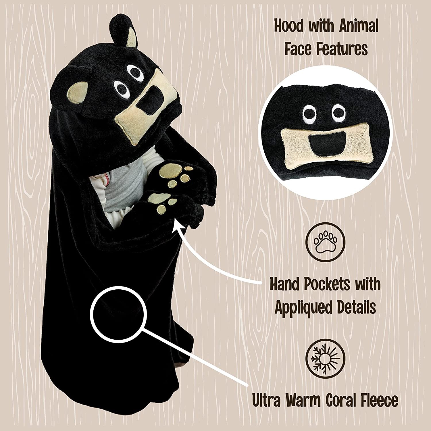 Wearable Hooded Blanket for Kids, Animal Hooded Blanket (Bear)