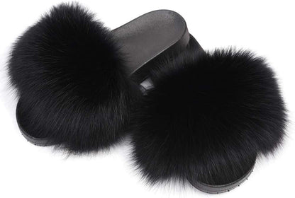 Real Fox Fur Slides for Women - Fluffy Fur Slippers Open Toe Flat Sandals for Outdoor