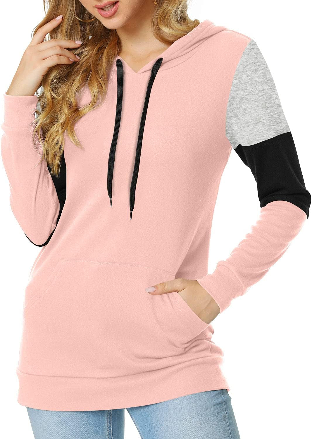 Women'S Casual Drawstring Pullover Tunic Top Long Sleeve Color Block Hoodie Sweatshirts with Pocket, XXL, Pink