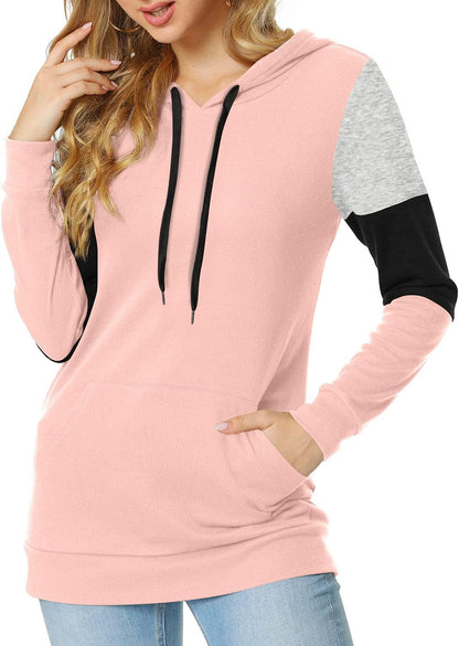 Women'S Casual Drawstring Pullover Tunic Top Long Sleeve Color Block Hoodie Sweatshirts with Pocket, XXL, Pink