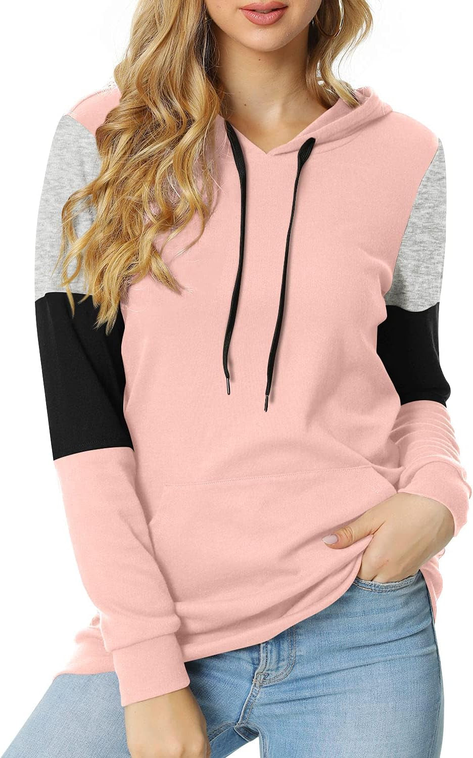 Women'S Casual Drawstring Pullover Tunic Top Long Sleeve Color Block Hoodie Sweatshirts with Pocket, XXL, Pink