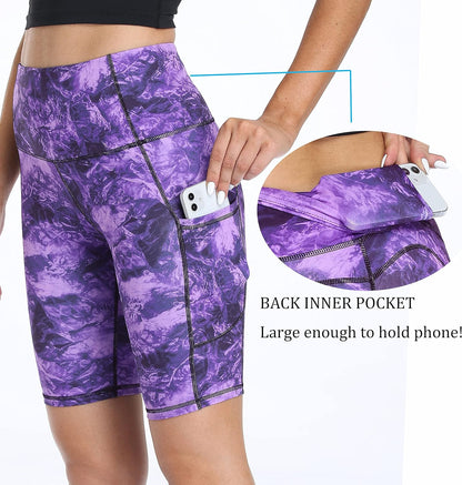 Women'S Short Yoga Side Pockets High Waist Workout Running Shorts Marble Dye Purple S