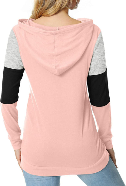 Women'S Casual Drawstring Pullover Tunic Top Long Sleeve Color Block Hoodie Sweatshirts with Pocket, XXL, Pink